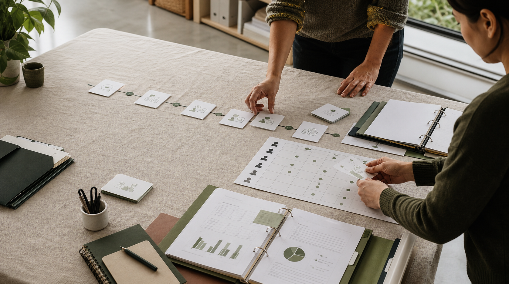 Nonprofit staff arranging the steps and records behind their work